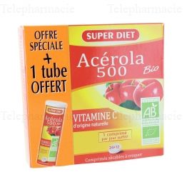 SUPERDIET acerola 500 bio 24 comprim&eacute;s s&eacute;cables + 12 &agrave; croquer